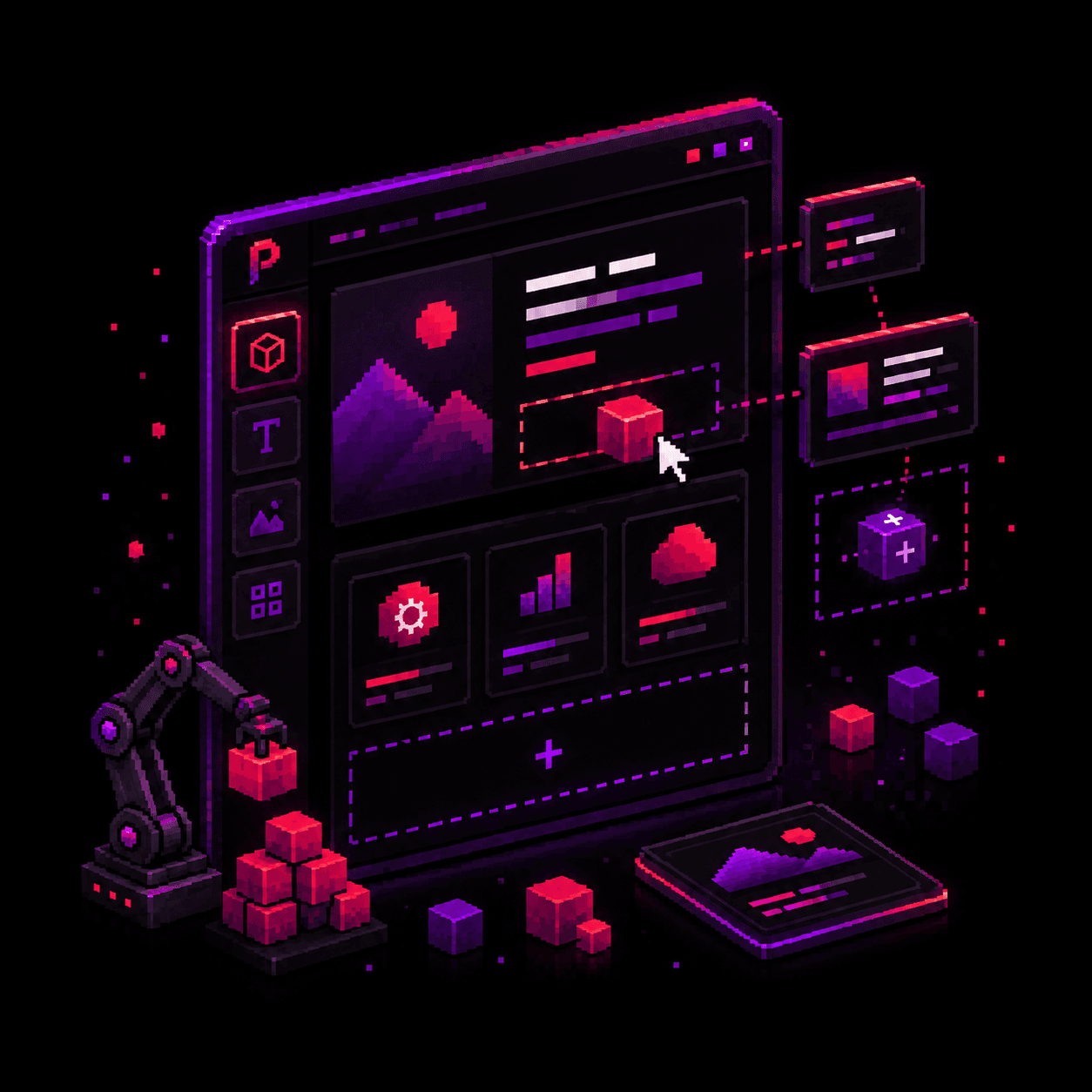 Ilustração pixel-art de uma interface para criação de sites