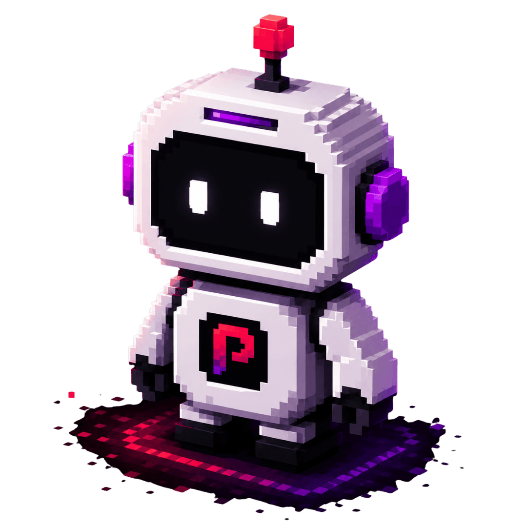 Robô pixel-art com o símbolo da PixelOps
